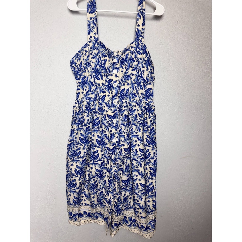 Joanie Dress Women's Size 12 Blue‎ White Leaf Print  Pockets Croquette BohoChic